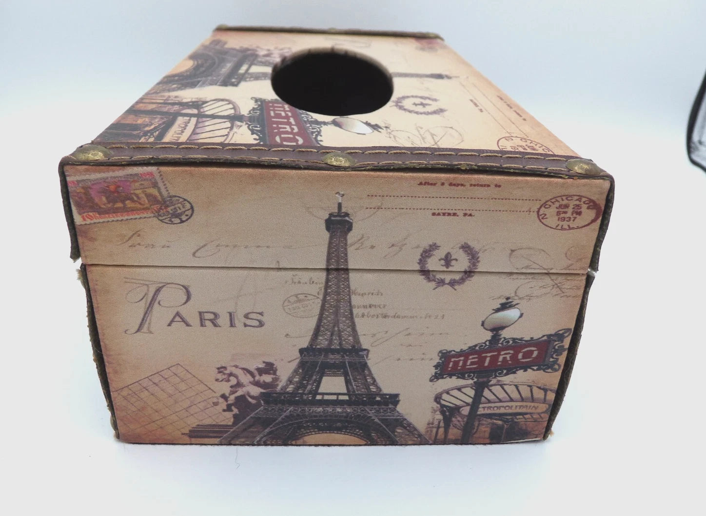 Tissue Box w/ Parisian Theme, Leather Seams and Brass Latch by Bellaa, Ltd- EUC | eBay