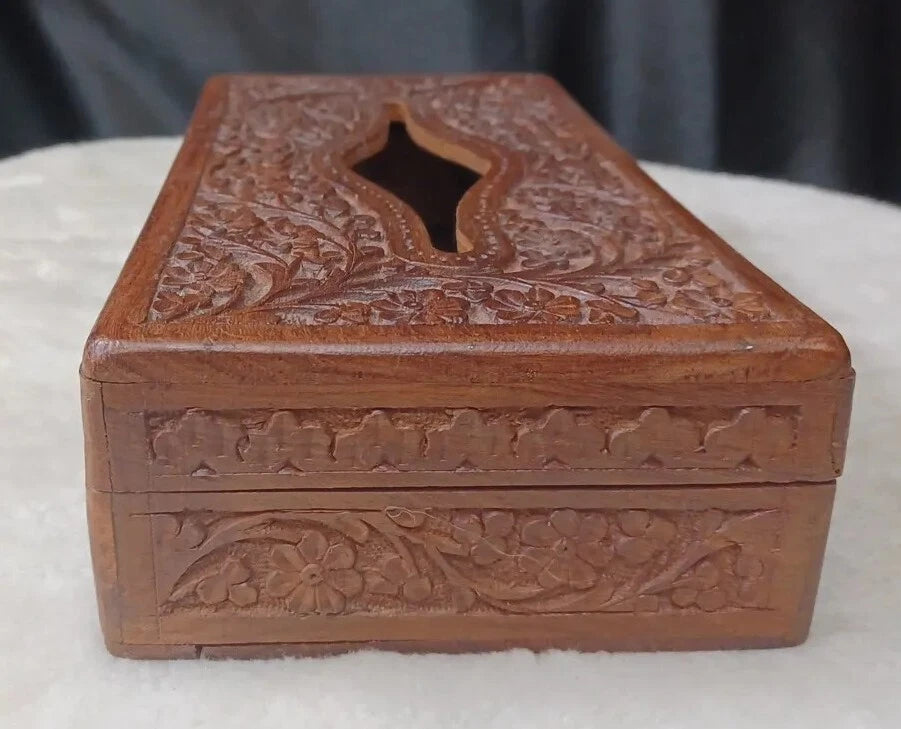 CARVED SOLID WOOD CARVED FLOWERS TISSUE BOX COVER BOHO | eBay