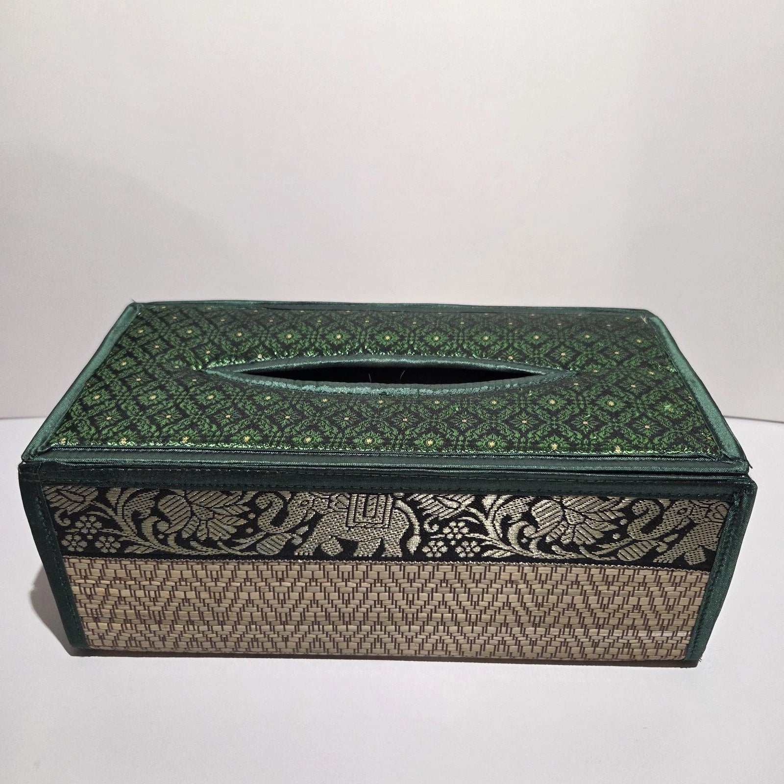 Thai Tissue Box Cover Woven Straw Reed Green Silk Elephants Rectangle | eBay
