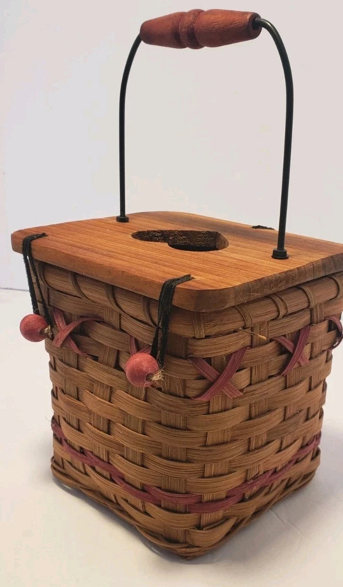 Vintage Wicker Tissue Box with Wooden Lid and Red Accents | eBay