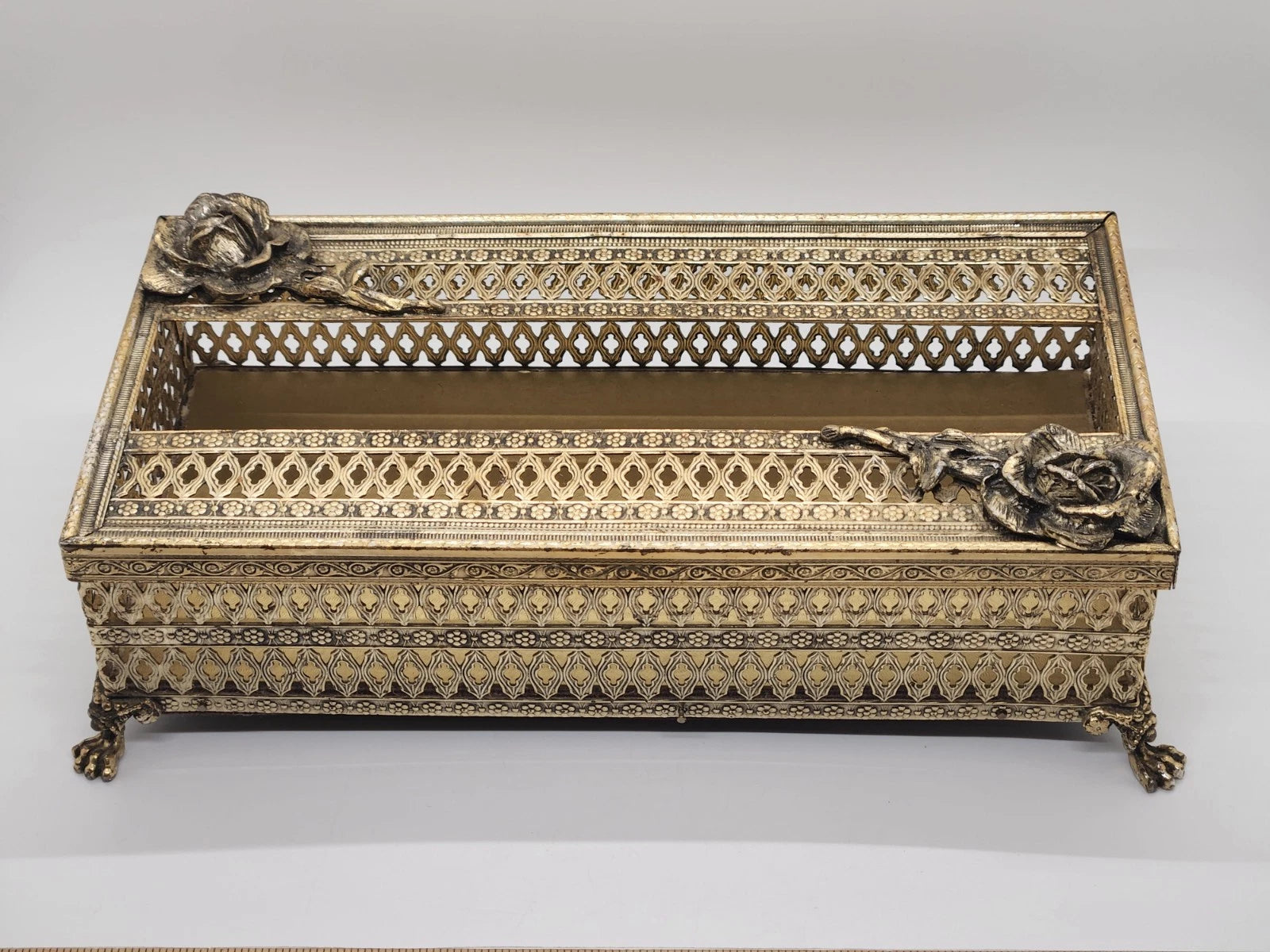 Vintage Gold Filigree Hollywood Regency Claw Footed w/Roses Tissue Box Holder | eBay