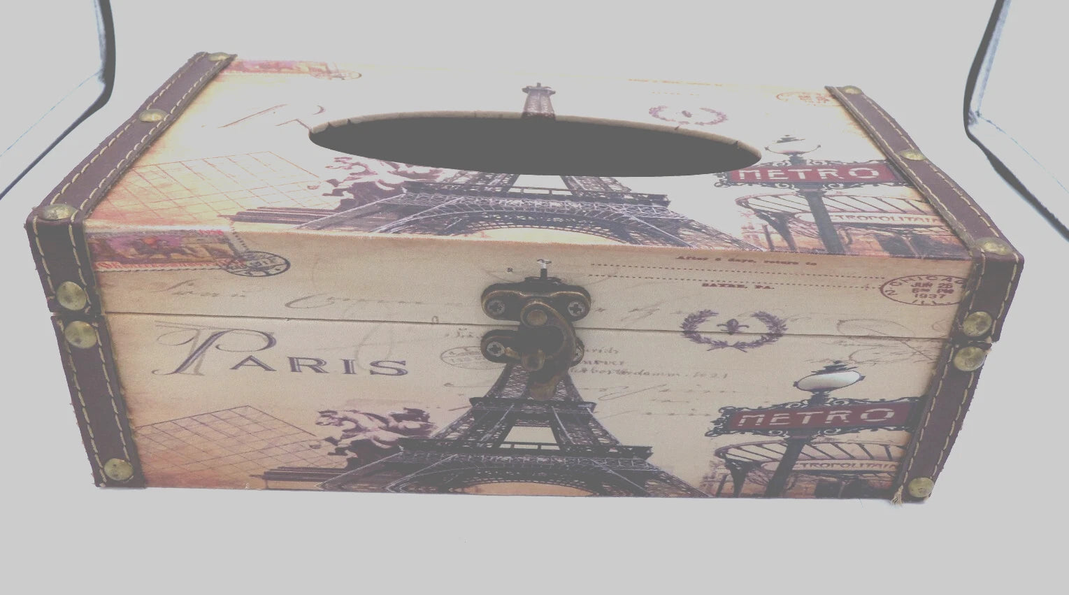 Tissue Box w/ Parisian Theme, Leather Seams and Brass Latch by Bellaa, Ltd- EUC | eBay