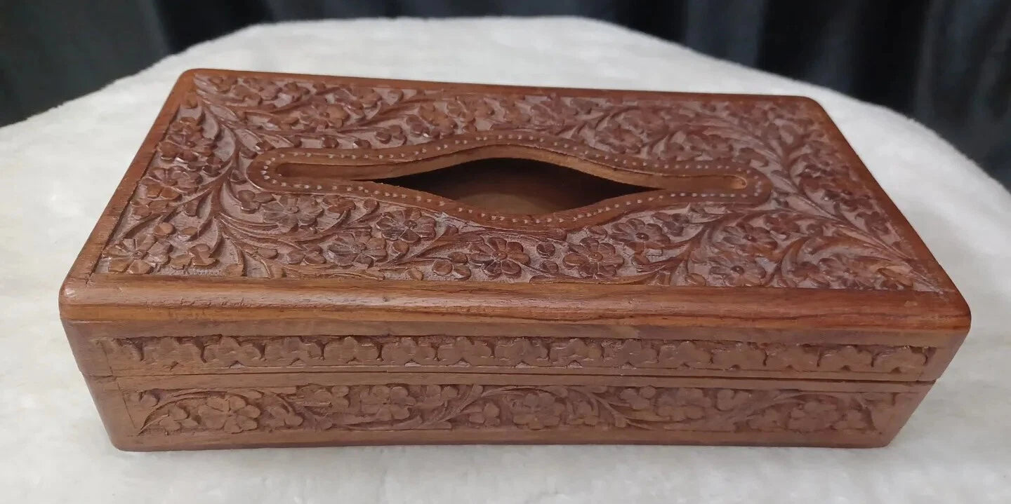 CARVED SOLID WOOD CARVED FLOWERS TISSUE BOX COVER BOHO | eBay