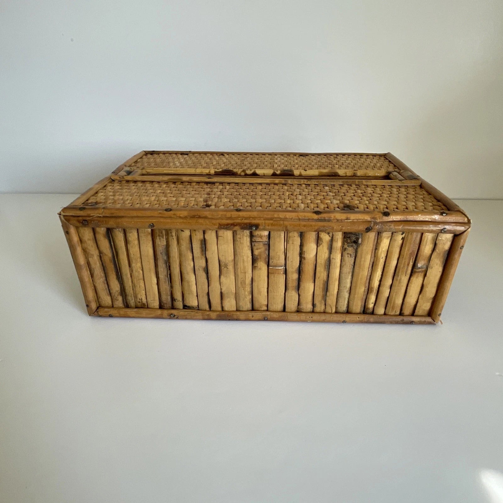 Vintage MCM Bamboo Rattan Wicker Wood Tissue Box Holder Boho | eBay