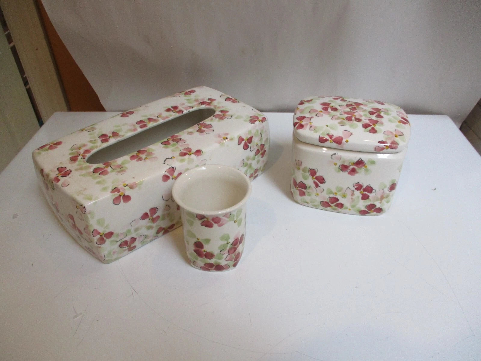 Vintage Tissue Box Cover Cup Jar Pink Floral Porcelain Portugal Pereiras 3 Piec | eBay