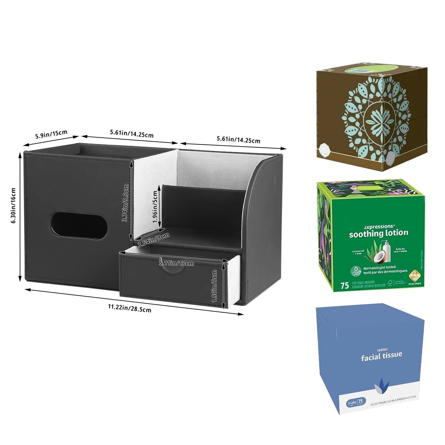 PU Leather Square Tissue Box Cover with Tray and Organizer,Multi-Function Rem... | eBay