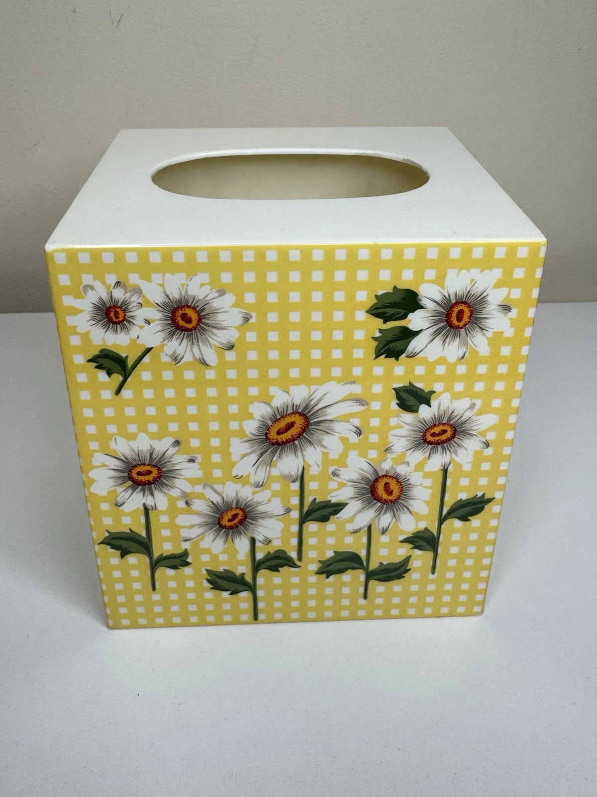 Vintage Square Tissue Box Cover 1970’s Acrylic White Daisies Yellow Gingham | eBay