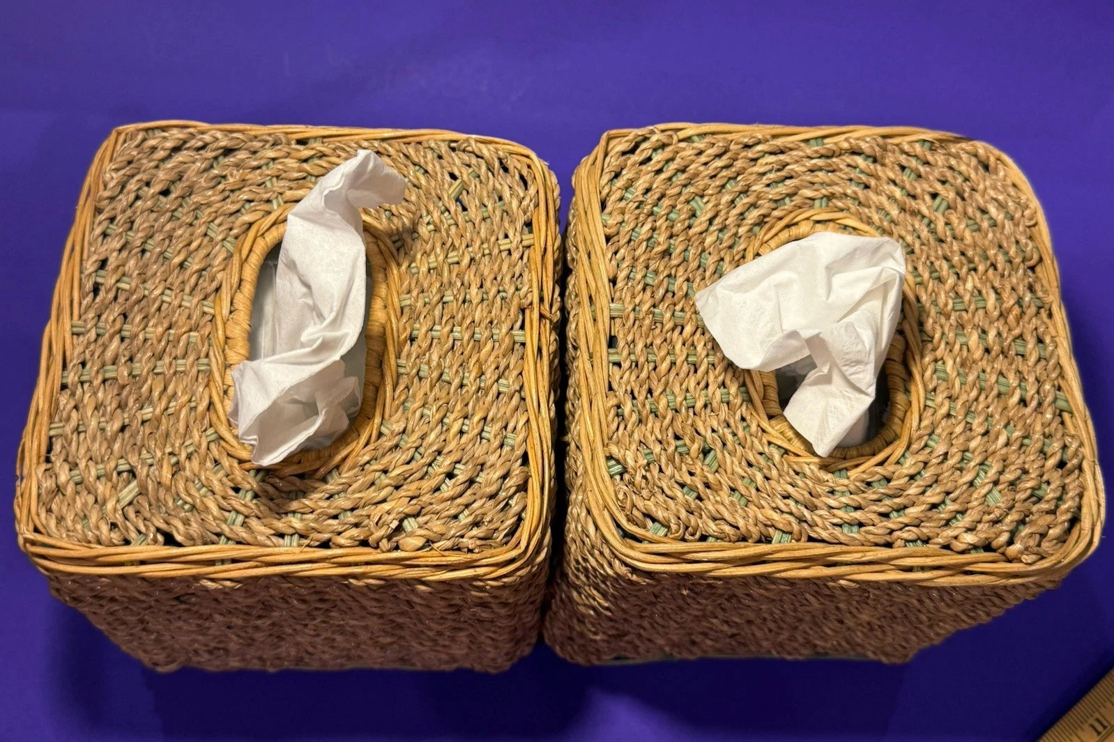 Square Natural Woven Wicker Green Detail Tissue Box Holder Plant Boho Retro G’ma | eBay