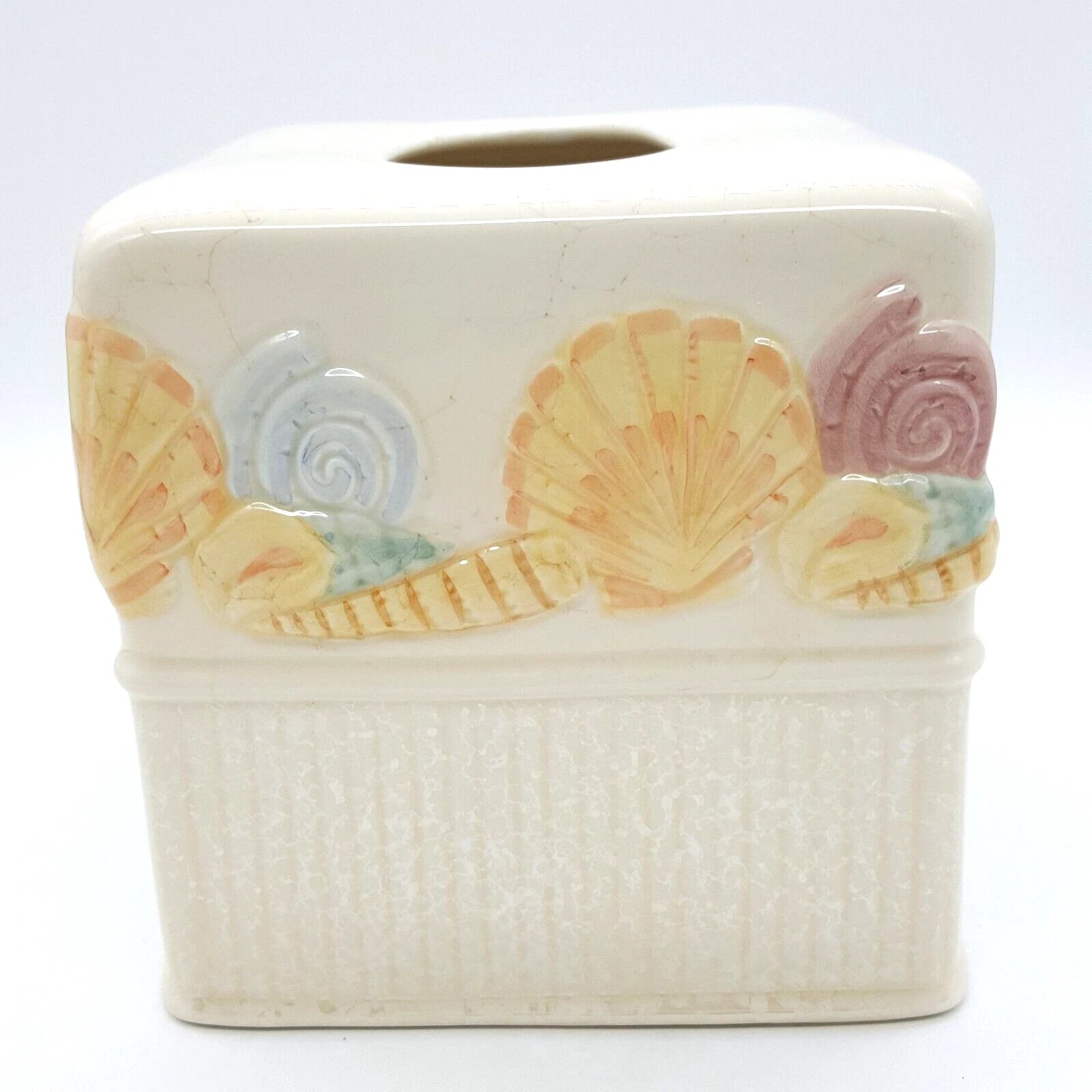JC Penney BEACH FRONT Seashell Tissue Box Cover Embossed Ceramic Coastal Ocean | eBay