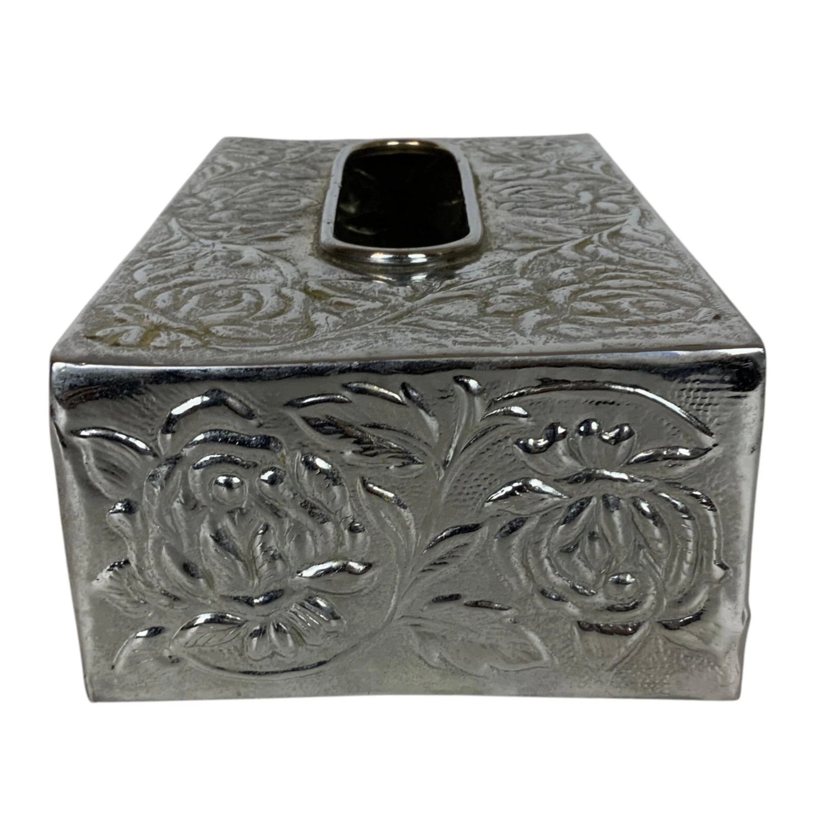Vintage Tissue Box Cover Silver-Tone Metal Floral Embossed Rectangular | eBay