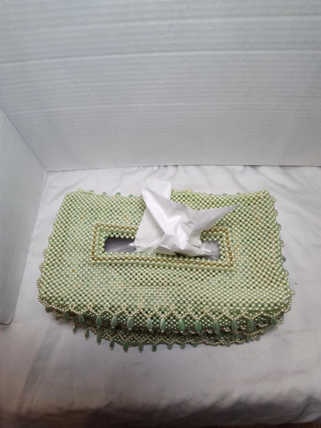 Handmade Green & White Beaded Tissue Box Cover 9.5"x4.5"x 5.5" Standard box size | eBay