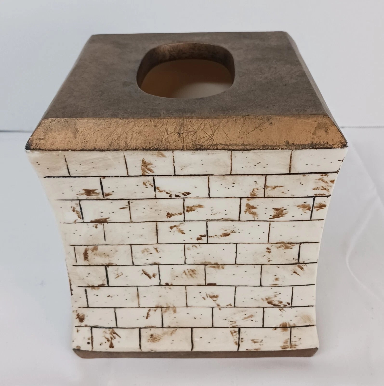 Tissue Box Cover Ceramic Brown Beige Faux Cinder Blocks Building Home Decor EUC | eBay