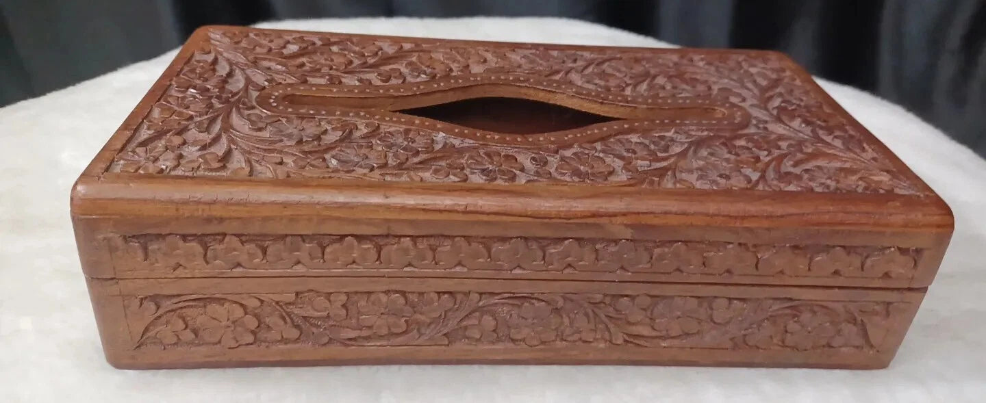 CARVED SOLID WOOD CARVED FLOWERS TISSUE BOX COVER BOHO | eBay