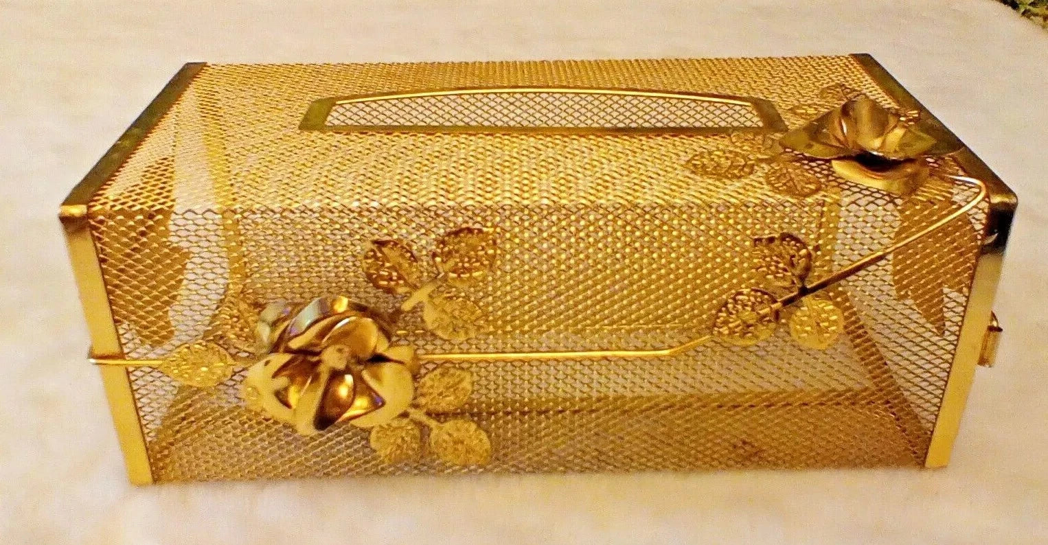 VINTAGE HOLLYWOOD REGENCY GOLD METAL FLOWERS TISSUE BOX HOLDER 10"x5" x4" | eBay