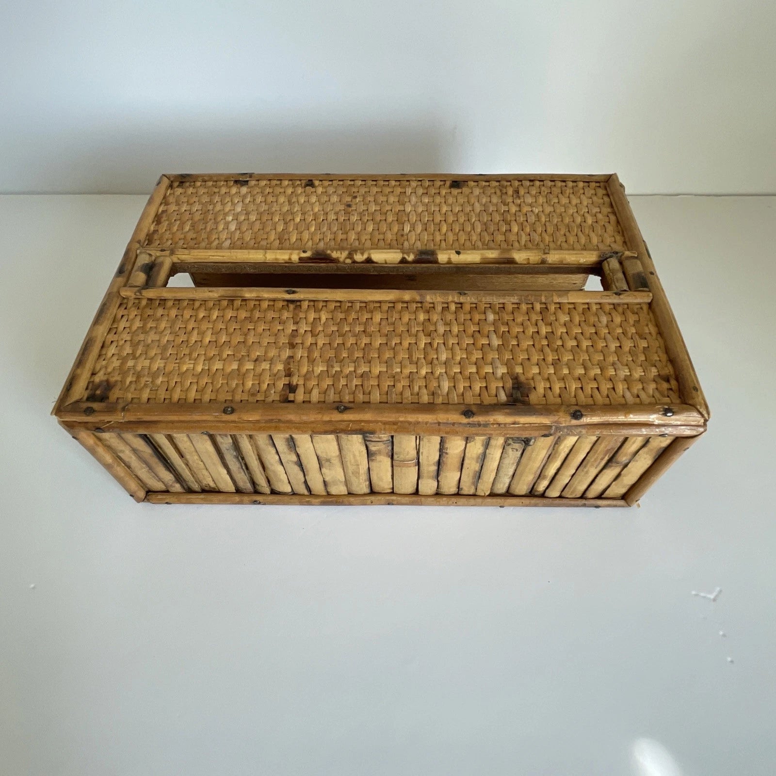 Vintage MCM Bamboo Rattan Wicker Wood Tissue Box Holder Boho | eBay