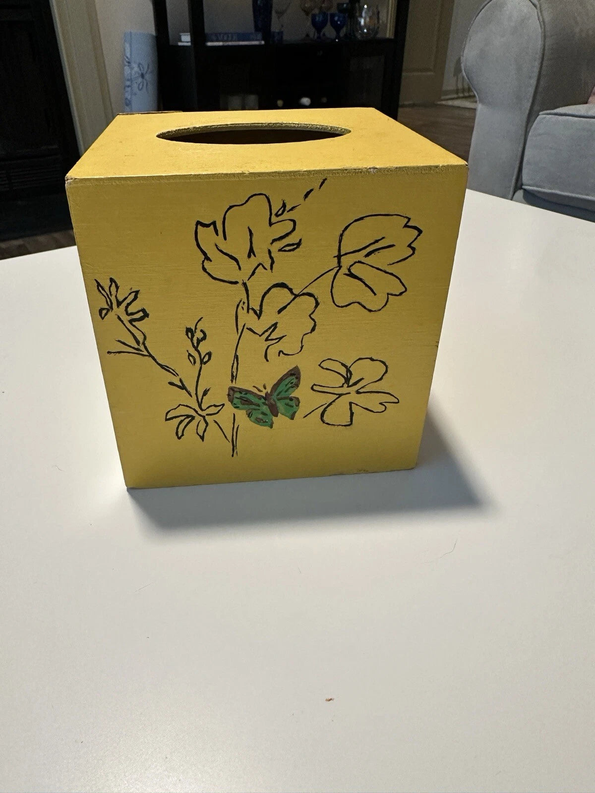 Vintage 1977 Hand painted Wood Tissue Box Cover, Yellow Birds and Butterflies | eBay