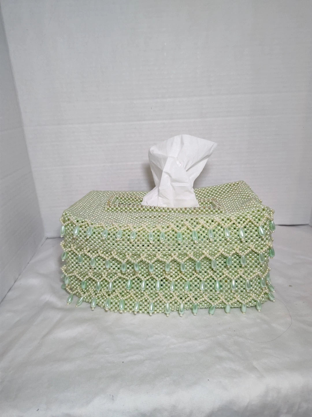 Handmade Green & White Beaded Tissue Box Cover 9.5"x4.5"x 5.5" Standard box size | eBay