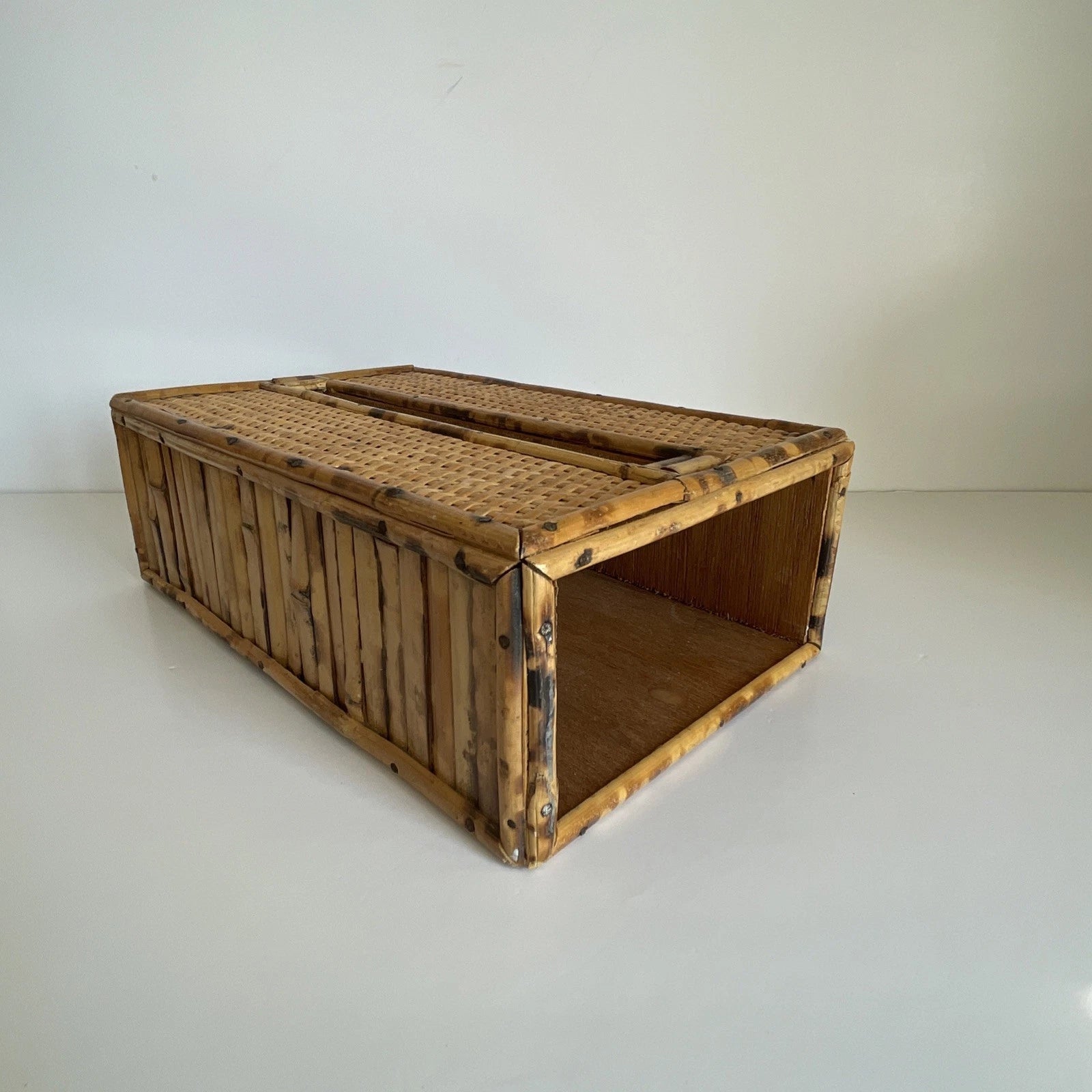 Vintage MCM Bamboo Rattan Wicker Wood Tissue Box Holder Boho | eBay