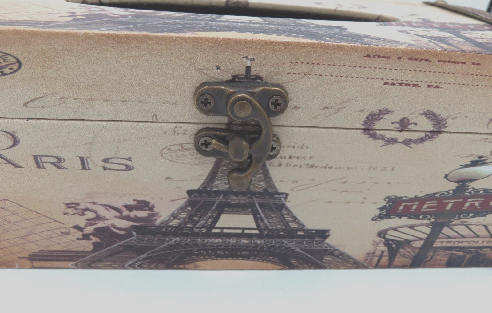 Tissue Box w/ Parisian Theme, Leather Seams and Brass Latch by Bellaa, Ltd- EUC | eBay