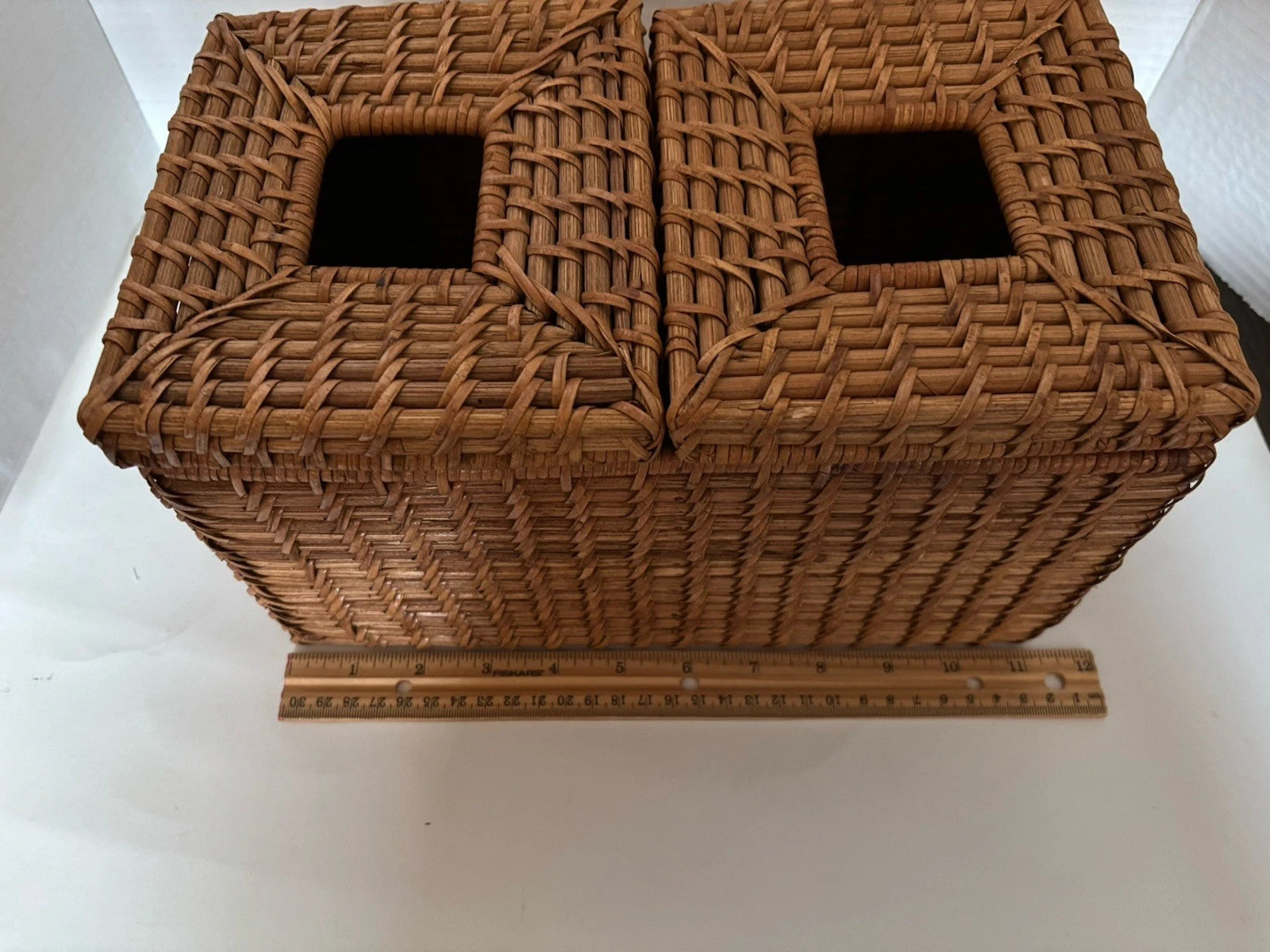 Wicker Tissue Box Double Holder Woven Rattan 6.5”T X 11”W X 6”D 2 Hinged Lids | eBay