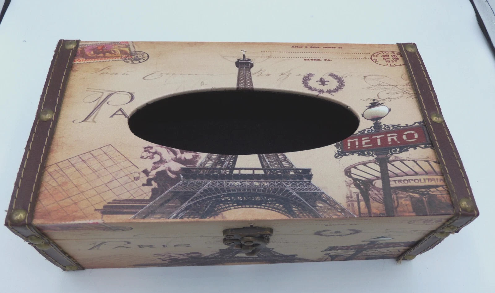 Tissue Box w/ Parisian Theme, Leather Seams and Brass Latch by Bellaa, Ltd- EUC | eBay