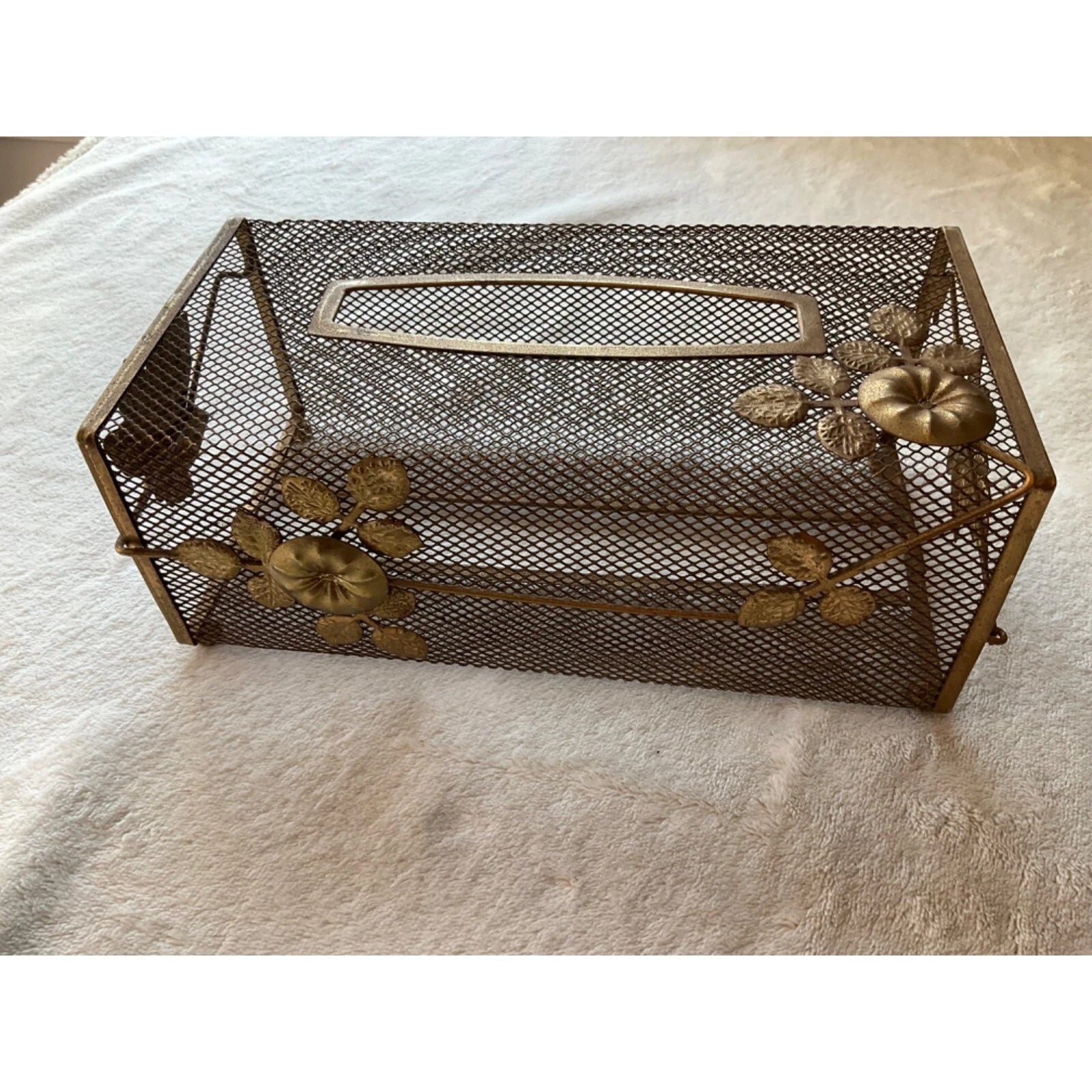 VTG MCM Tissue Box Cover Gold Tone Wire Mesh Hollywood Regency Leaves Flowers 3D | eBay