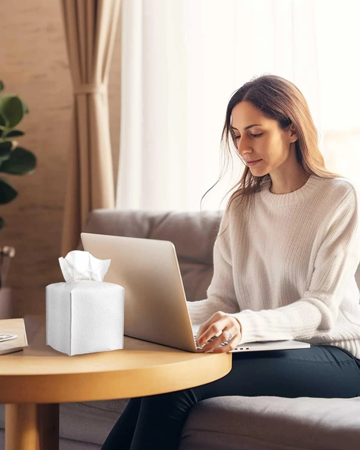 Square White Leather Tissue Box Cover with Bottom Belt - Decorative Holder | eBay