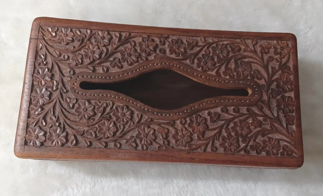 CARVED SOLID WOOD CARVED FLOWERS TISSUE BOX COVER BOHO | eBay