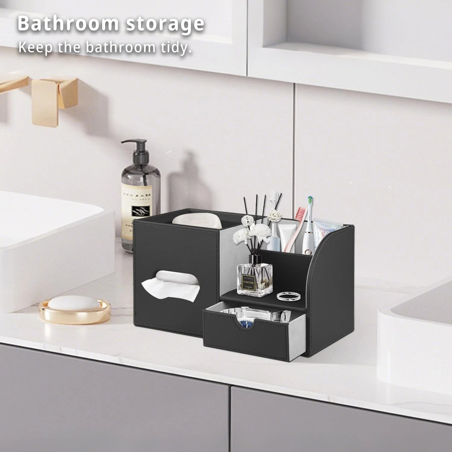 PU Leather Square Tissue Box Cover with Tray and Organizer,Multi-Function Rem... | eBay