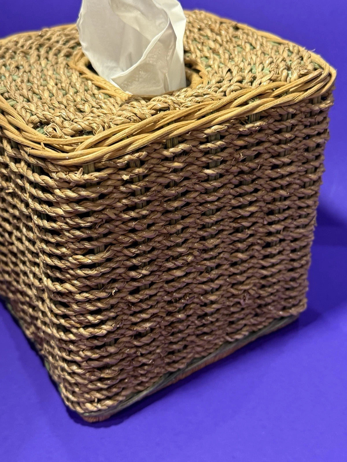 Square Natural Woven Wicker Green Detail Tissue Box Holder Plant Boho Retro G’ma | eBay