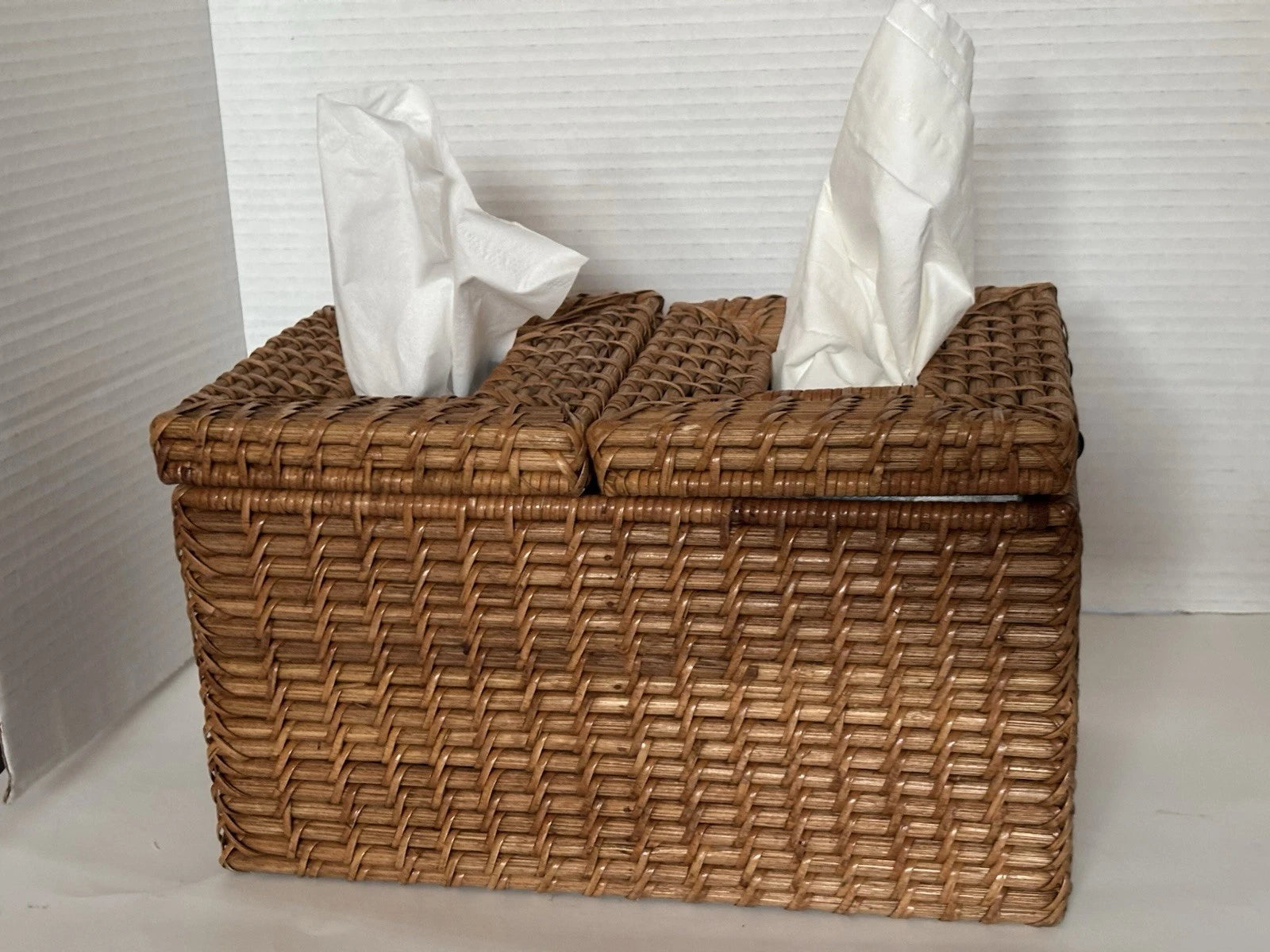 Wicker Tissue Box Double Holder Woven Rattan 6.5”T X 11”W X 6”D 2 Hinged Lids | eBay