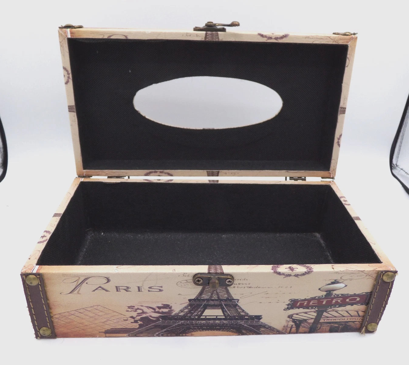 Tissue Box w/ Parisian Theme, Leather Seams and Brass Latch by Bellaa, Ltd- EUC | eBay