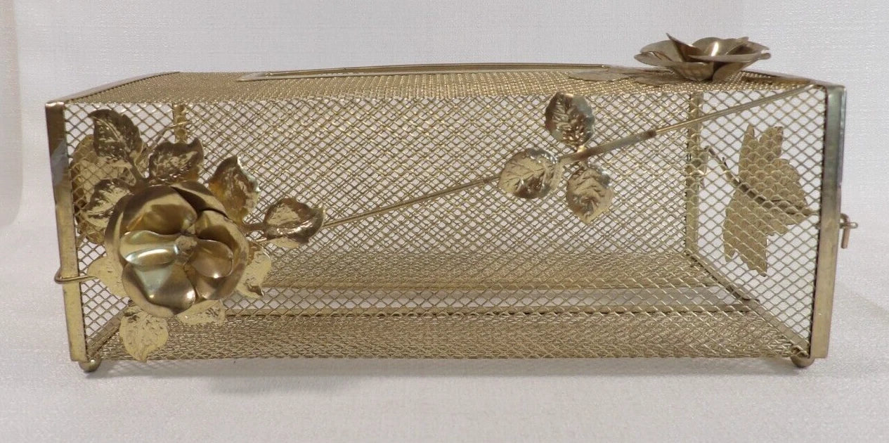 Vintage Tissue Box Holder Gold Color Metal Mesh w/Roses Hollywood Regency Style | eBay