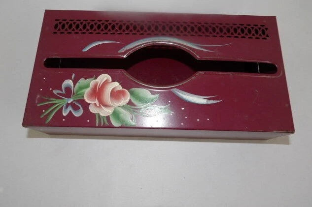 Vintage Metal Tissue Box Holder Maroon w/ Painted Flowers Wall or Counter top | eBay