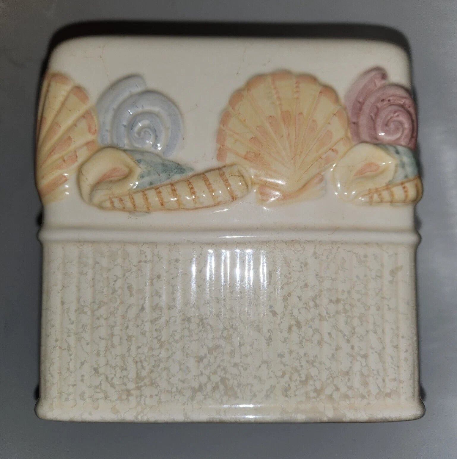 JC Penney BEACH FRONT Seashell Tissue Box Cover Embossed Ceramic Coastal Ocean | eBay