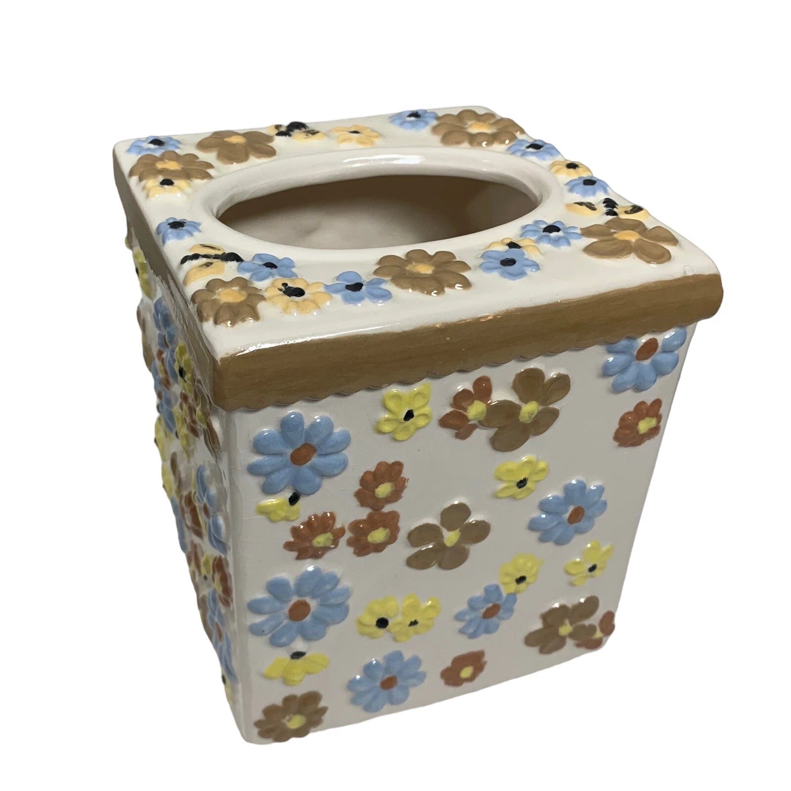 Vintage Ceramic Tissue Box Cover Floral Bumblebee Print Blue Yellow Brown | eBay
