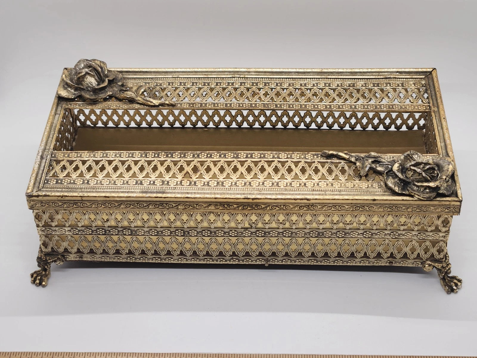 Vintage Gold Filigree Hollywood Regency Claw Footed w/Roses Tissue Box Holder | eBay