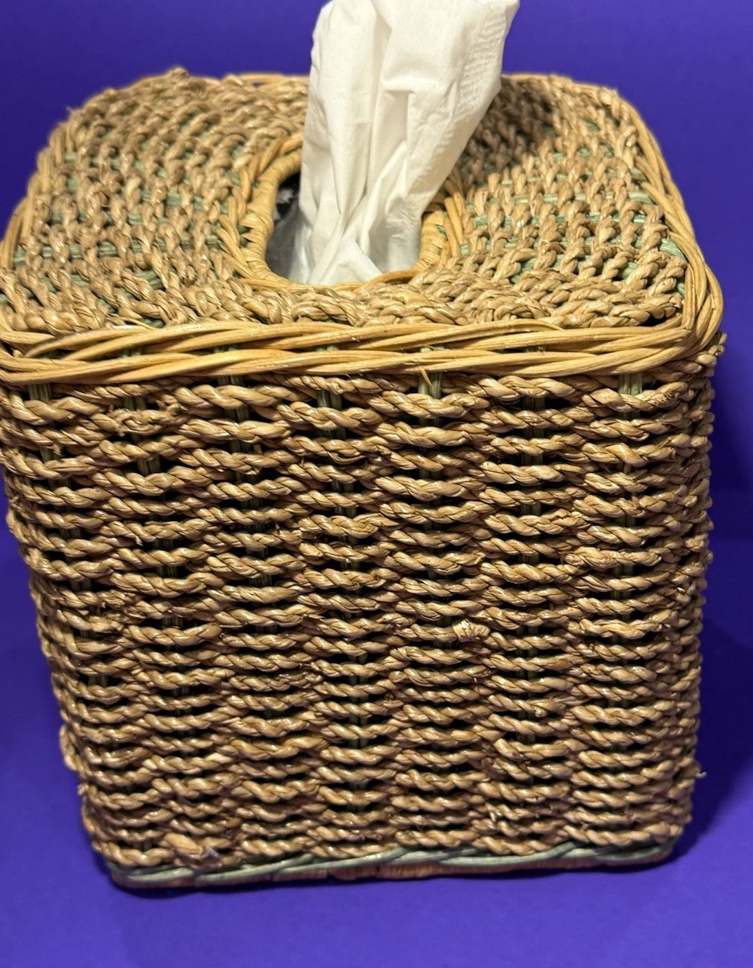 Square Natural Woven Wicker Green Detail Tissue Box Holder Plant Boho Retro G’ma | eBay