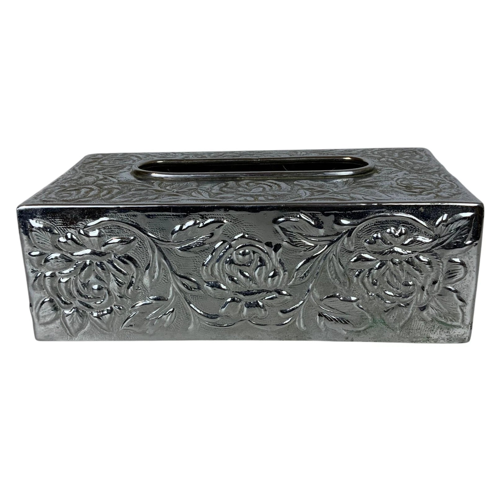 Vintage Tissue Box Cover Silver-Tone Metal Floral Embossed Rectangular | eBay