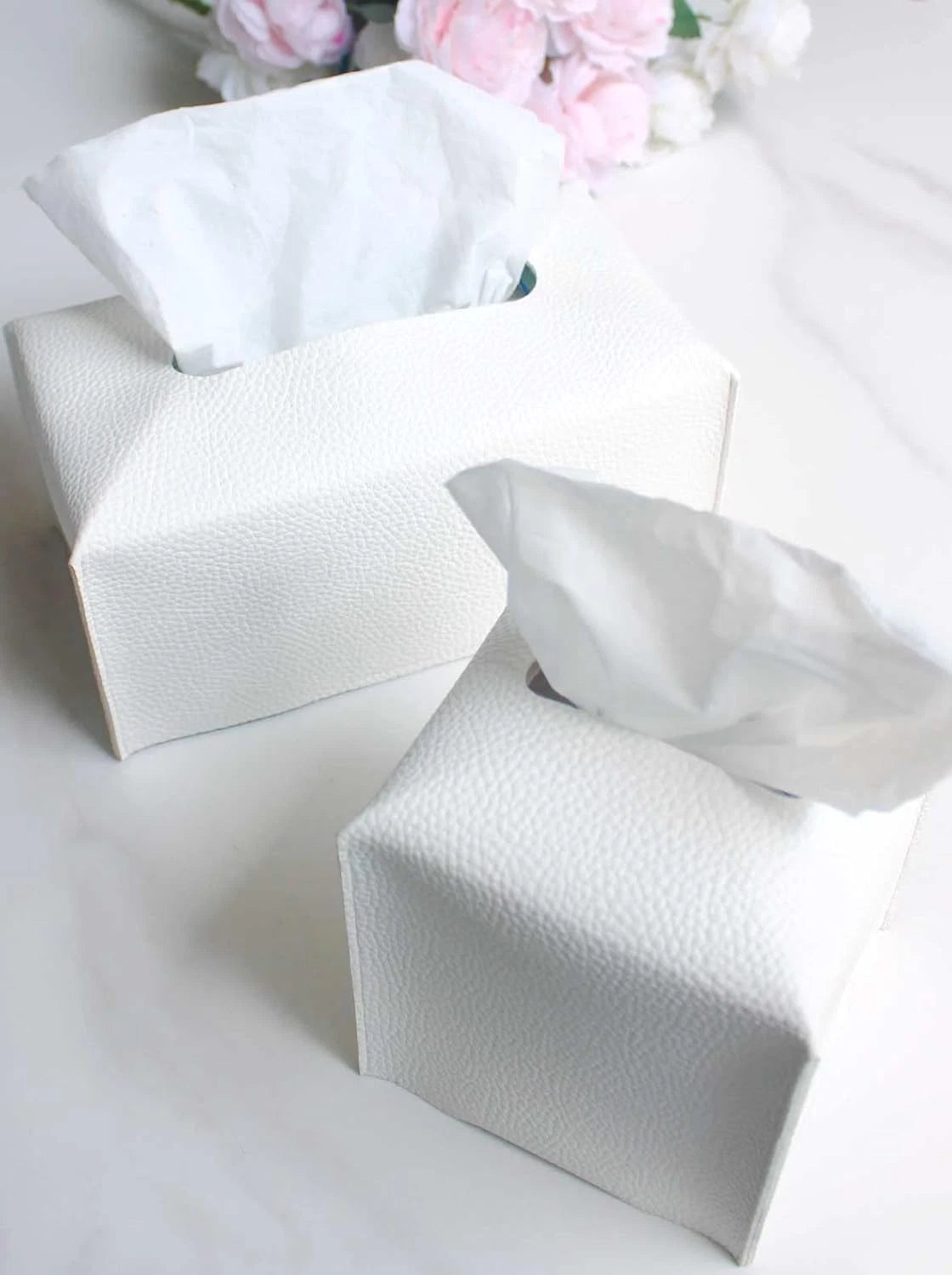 Square White Leather Tissue Box Cover with Bottom Belt - Decorative Holder | eBay