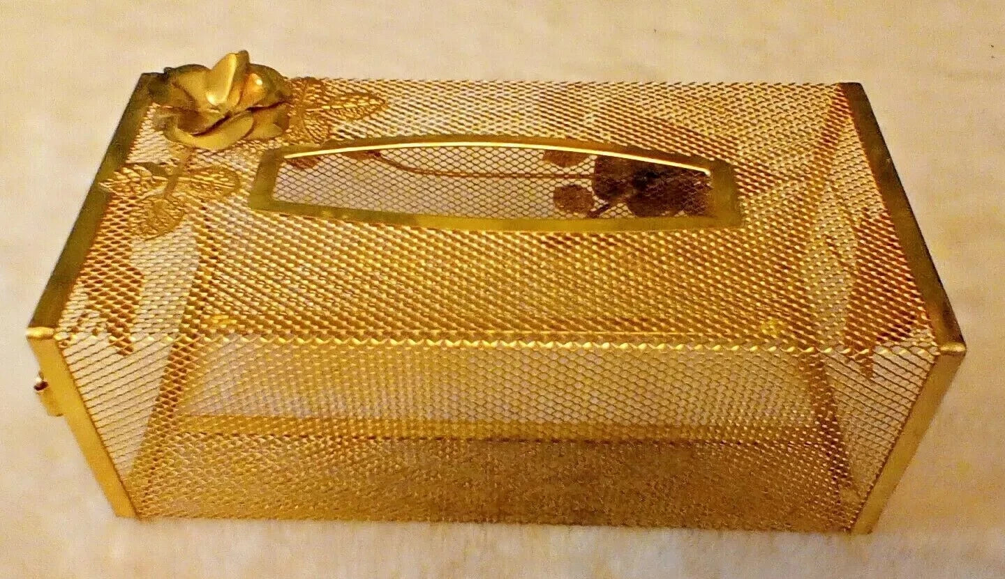 VINTAGE HOLLYWOOD REGENCY GOLD METAL FLOWERS TISSUE BOX HOLDER 10"x5" x4" | eBay