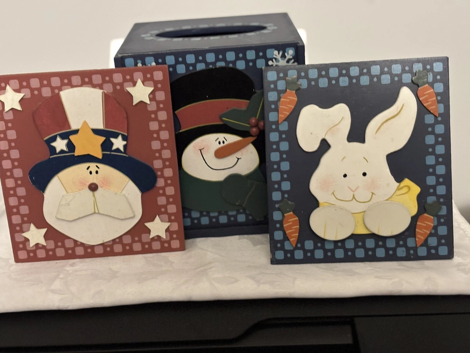 Wooden Tissue Box Change Season Winter Snowman Spring Bunny Summer Sam 3-D Used | eBay