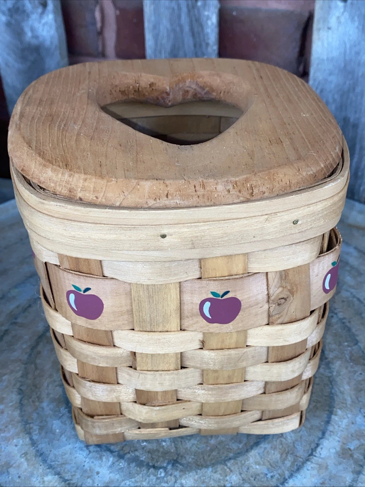 Woven Basket With Wood Lid Painted Apple Design Tissue Box Holder County Decor | eBay