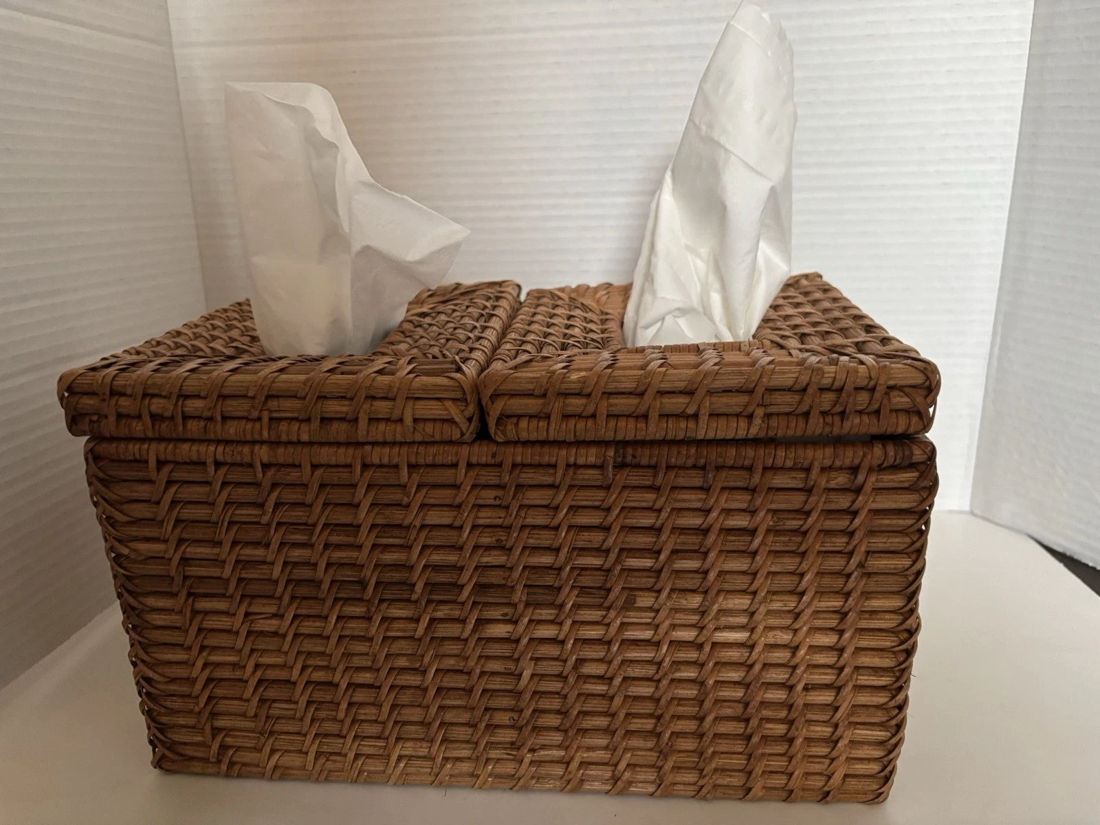 Wicker Tissue Box Double Holder Woven Rattan 6.5”T X 11”W X 6”D 2 Hinged Lids | eBay