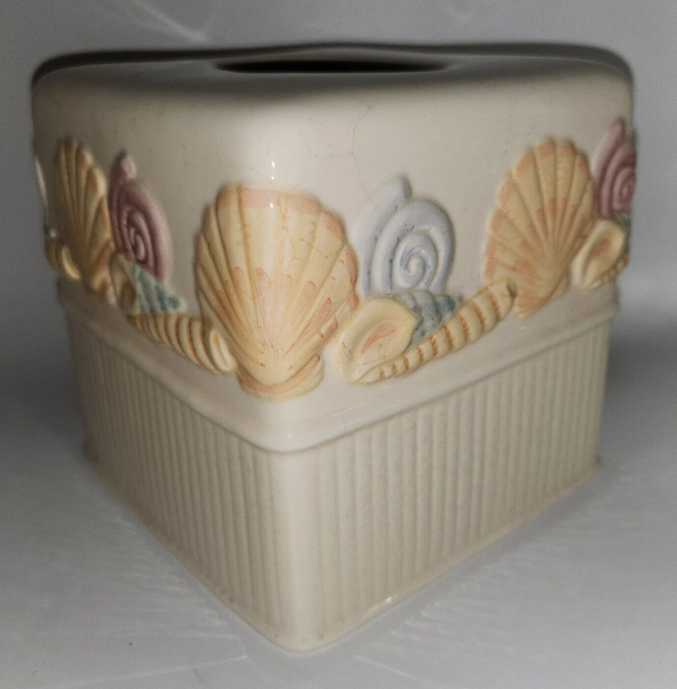 JC Penney BEACH FRONT Seashell Tissue Box Cover Embossed Ceramic Coastal Ocean | eBay
