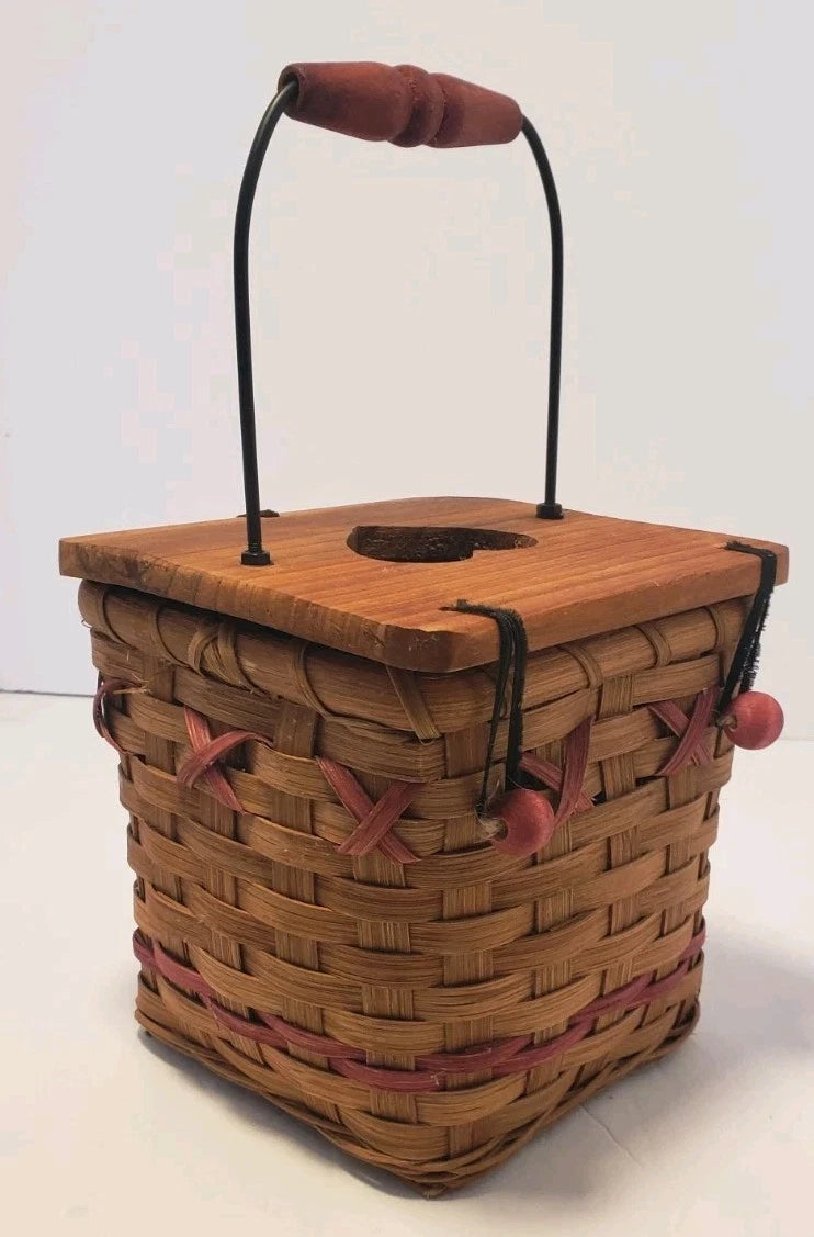 Vintage Wicker Tissue Box with Wooden Lid and Red Accents | eBay