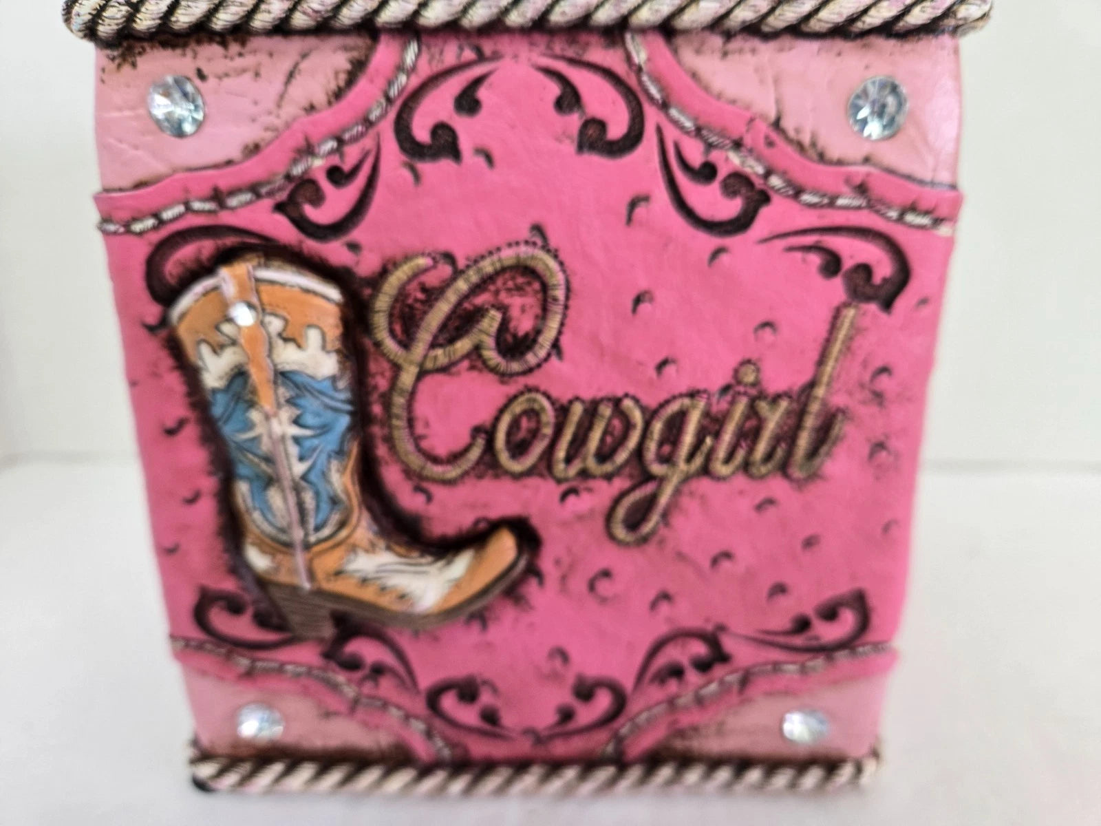Western Cowgirl Rustic Pink Tissue Box Cover Boot Horseshoe Rhinestone Bling EUC | eBay