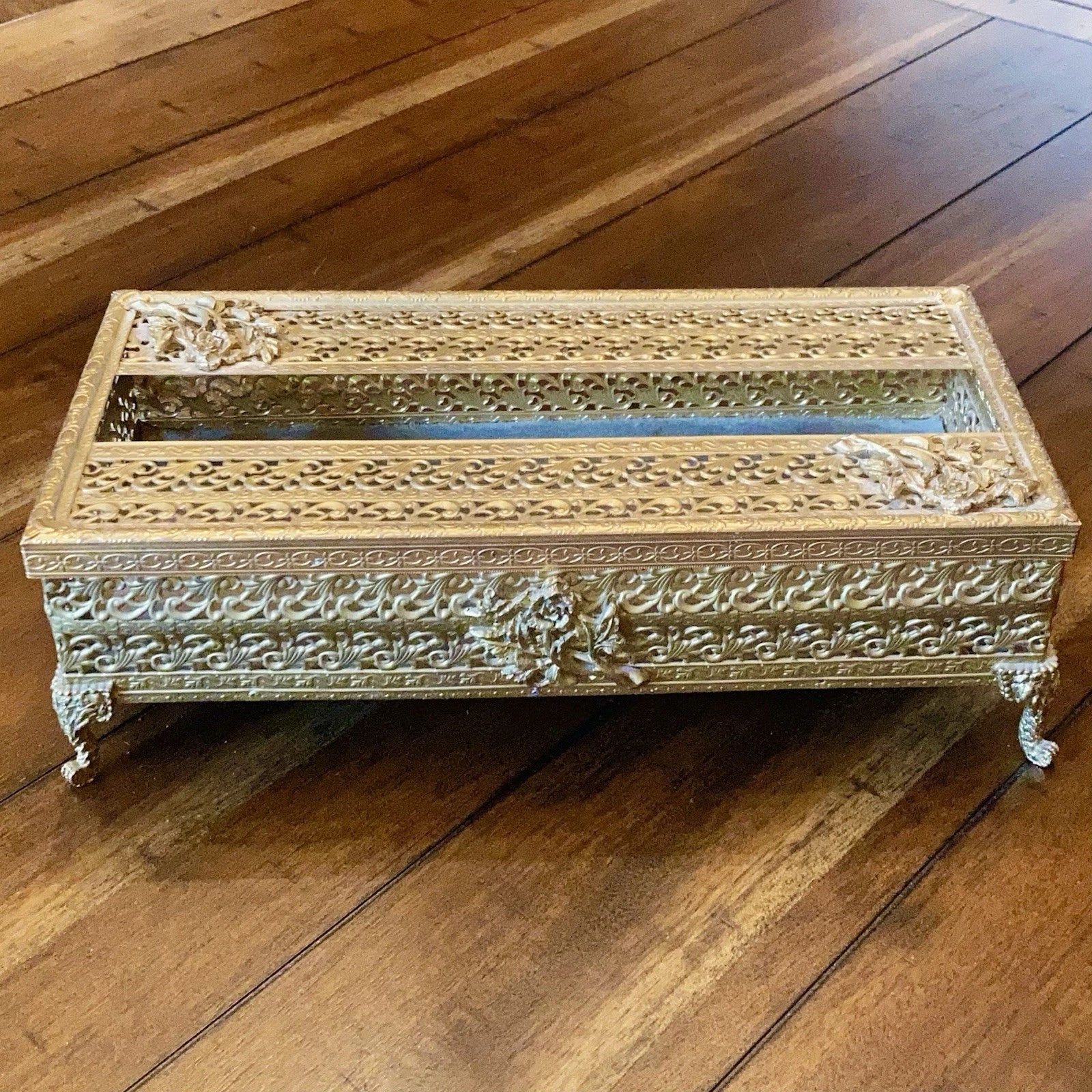 Vintage Brass Filigree Tissue Box Holder Floral Flower Roses Hollywood Regency | eBay