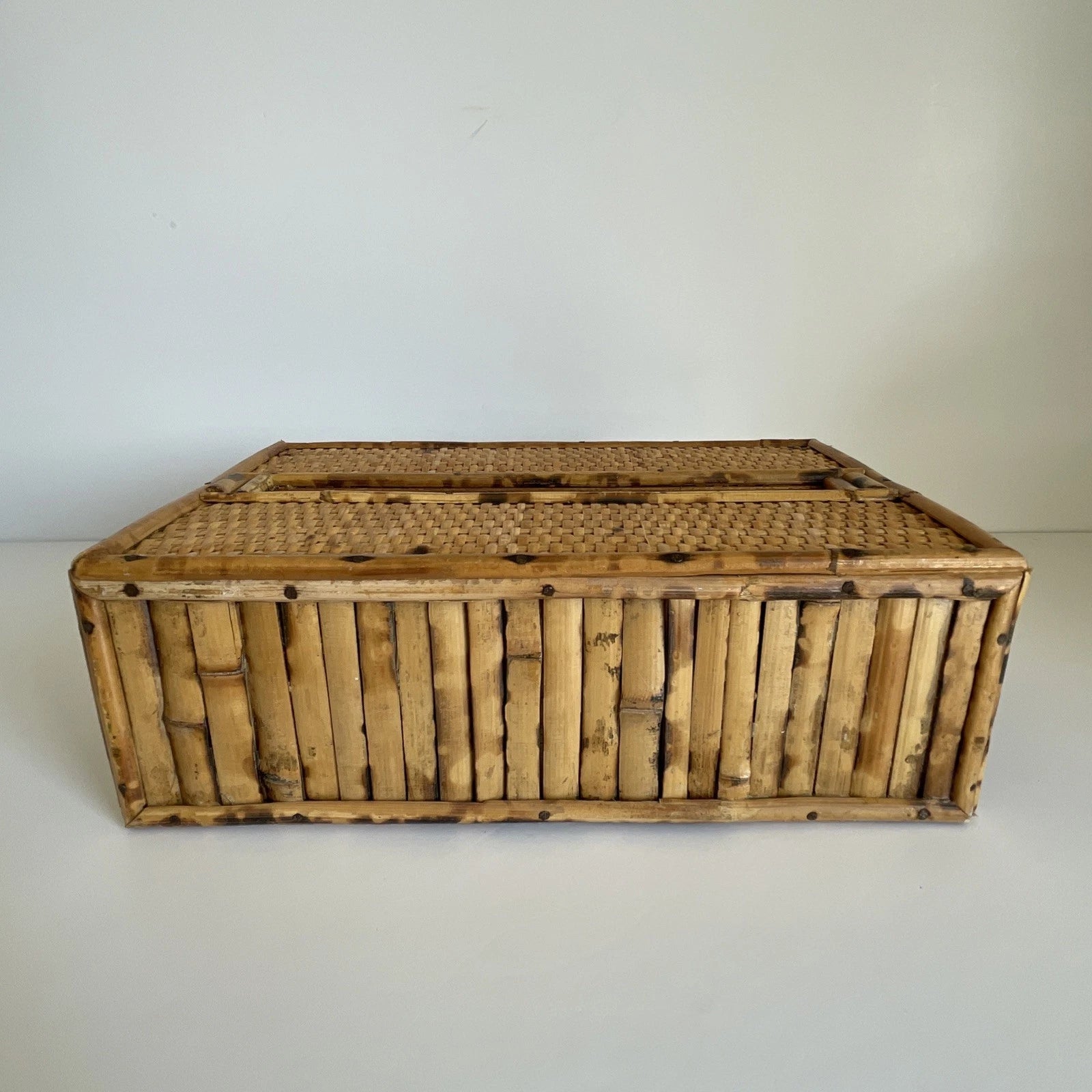 Vintage MCM Bamboo Rattan Wicker Wood Tissue Box Holder Boho | eBay