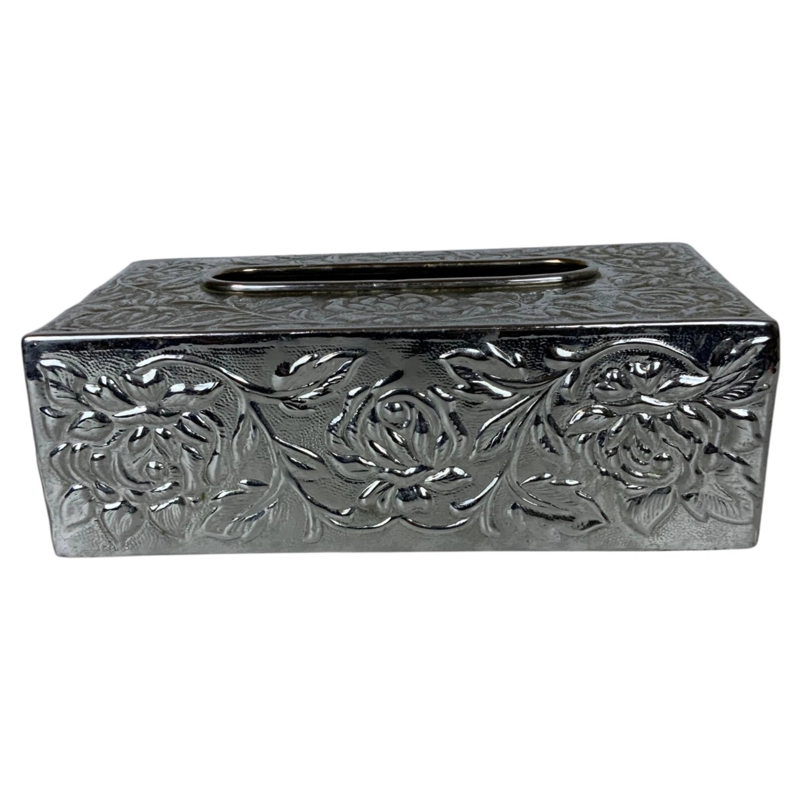 Vintage Tissue Box Cover Silver-Tone Metal Floral Embossed Rectangular | eBay